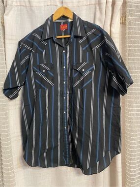Vintage Ely Plains Striped Western Pearl Snap Shirt Mens XL Black Blue